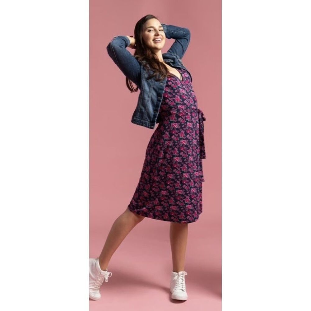 BETABRAND Pink Green Floral Long Sleeve Fall Office Wrap Midi Dress Size Small